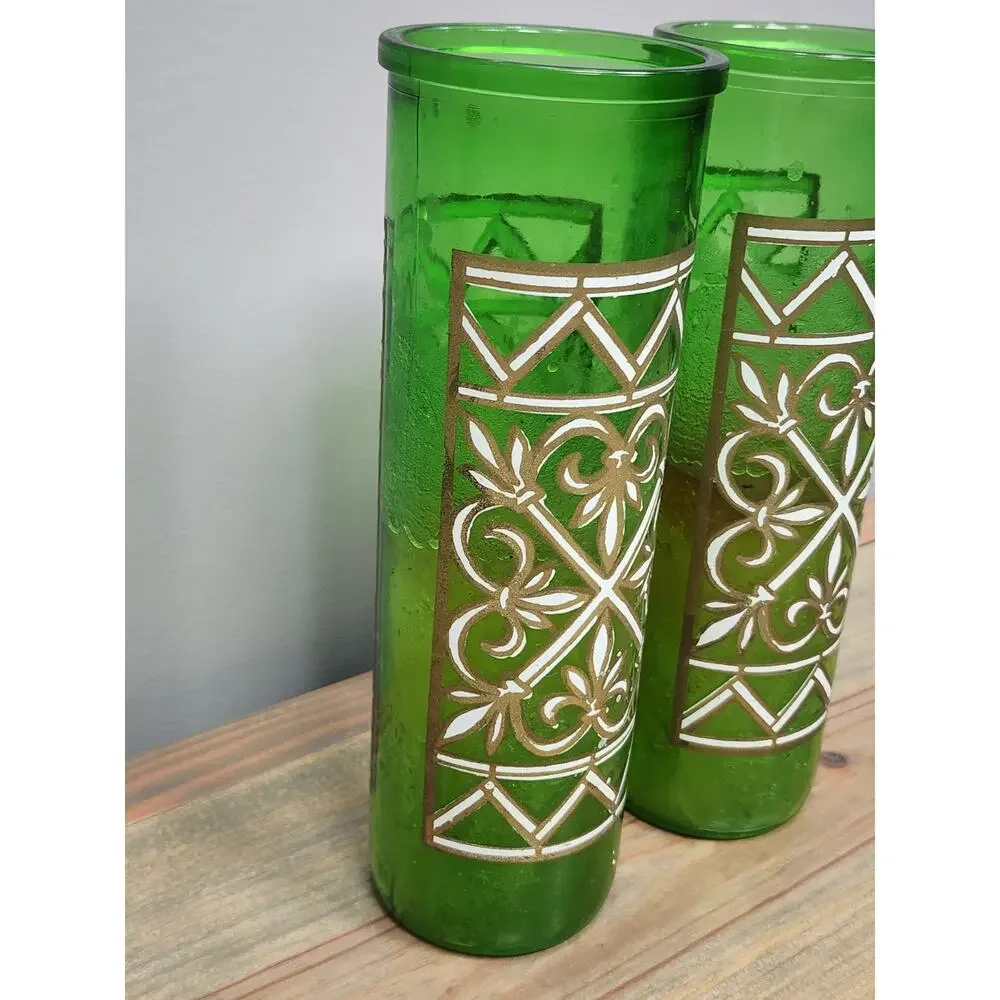Vintage Green Glass Pillar Candles Geometric Lattice 9